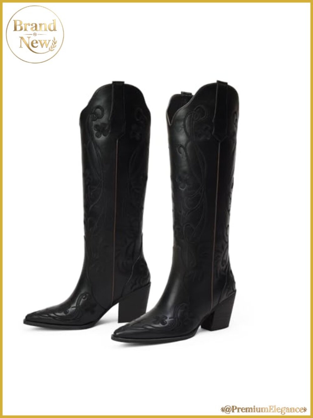 Knee High Western Cowgirl Boots Faux Leather Floral Embroidered Block Heel